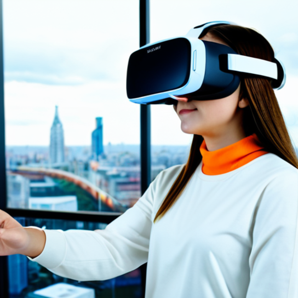 A young adult female student wearing a modern VR headset, fully immersed in a virtual vibrant cityscape, actively interacting with digital elements to practice a new language. She is fully clothed in modest, contemporary casual attire. The background showcases a futuristic, clean study space blending into the virtual environment. Safe for work, appropriate content, fully clothed, professional, perfect anatomy, correct proportions, natural pose, well-formed hands, proper finger count, natural body proportions, high-quality professional photography, clear focus, vivid colors.