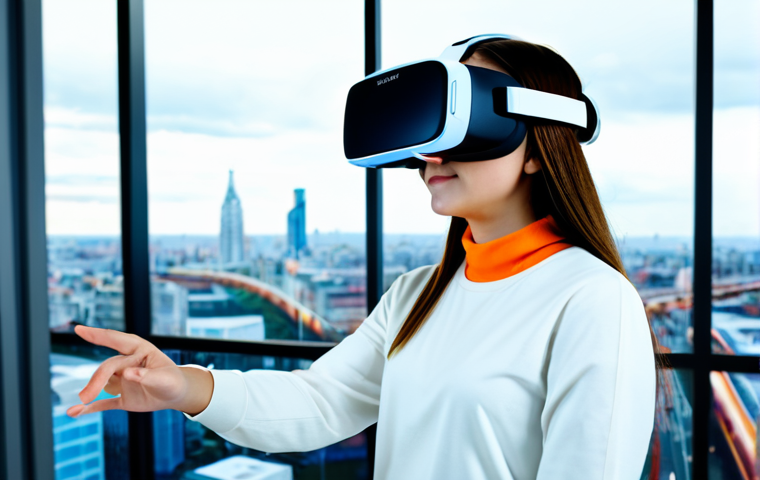 A young adult female student wearing a modern VR headset, fully immersed in a virtual vibrant cityscape, actively interacting with digital elements to practice a new language. She is fully clothed in modest, contemporary casual attire. The background showcases a futuristic, clean study space blending into the virtual environment. Safe for work, appropriate content, fully clothed, professional, perfect anatomy, correct proportions, natural pose, well-formed hands, proper finger count, natural body proportions, high-quality professional photography, clear focus, vivid colors.