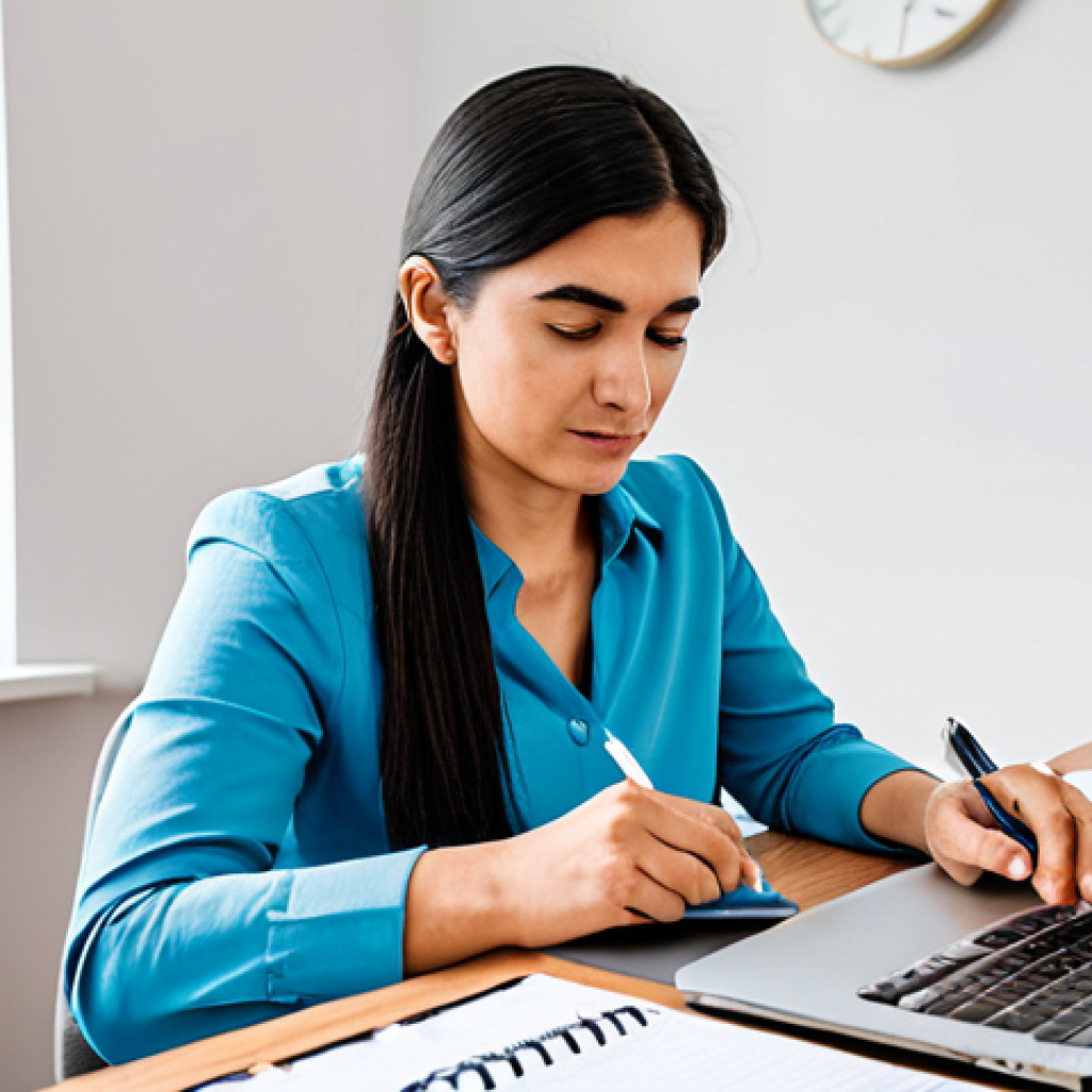 Optimized Time Management and Communication**
    A professional adult TESOL instructor, dressed in a modest, smart business casual outfit, sits calmly at a clean, organized desk in a modern, brightly lit home office. She is looking at a physical planner or notebook, thoughtfully outlining her daily tasks. A laptop and a muted smartphone are visible on the desk, hinting at managed communication and boundaries. The atmosphere is serene and focused, conveying efficiency and mental peace. perfect anatomy, correct proportions, natural pose, well-formed hands, proper finger count, natural body proportions, high-quality professional photography, safe for work, appropriate content, fully clothed, professional, family-friendly.

2.  **Prompt for