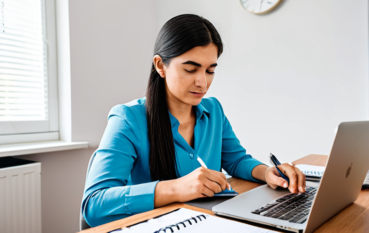Optimized Time Management and Communication**
    A professional adult TESOL instructor, dressed in a modest, smart business casual outfit, sits calmly at a clean, organized desk in a modern, brightly lit home office. She is looking at a physical planner or notebook, thoughtfully outlining her daily tasks. A laptop and a muted smartphone are visible on the desk, hinting at managed communication and boundaries. The atmosphere is serene and focused, conveying efficiency and mental peace. perfect anatomy, correct proportions, natural pose, well-formed hands, proper finger count, natural body proportions, high-quality professional photography, safe for work, appropriate content, fully clothed, professional, family-friendly.

2.  **Prompt for