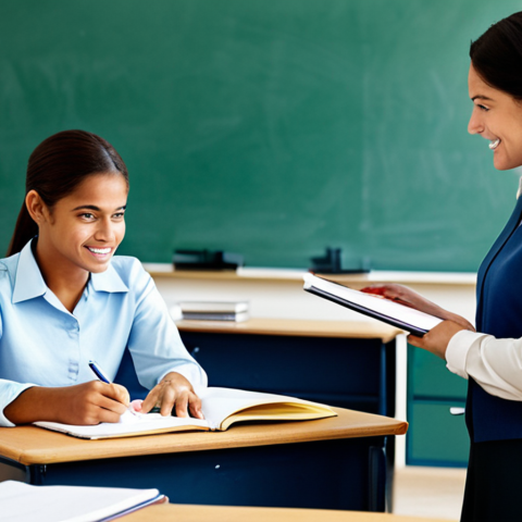 **Prompt:** A professional teacher in a modest classroom setting, fully clothed, assisting a student with their work. The classroom is bright and welcoming, filled with learning materials.  Appropriate attire, safe for work, perfect anatomy, natural proportions, professional, family-friendly.