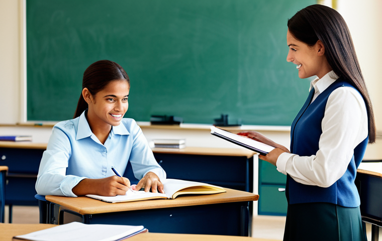 **Prompt:** A professional teacher in a modest classroom setting, fully clothed, assisting a student with their work. The classroom is bright and welcoming, filled with learning materials.  Appropriate attire, safe for work, perfect anatomy, natural proportions, professional, family-friendly.