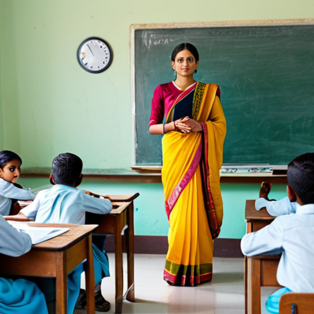 A professional school teacher in a modest sari, standing in a brightly lit classroom with children at their desks, all fully clothed, appropriate attire, safe for work, perfect anatomy, natural proportions, professional photography, high quality, family-friendly.