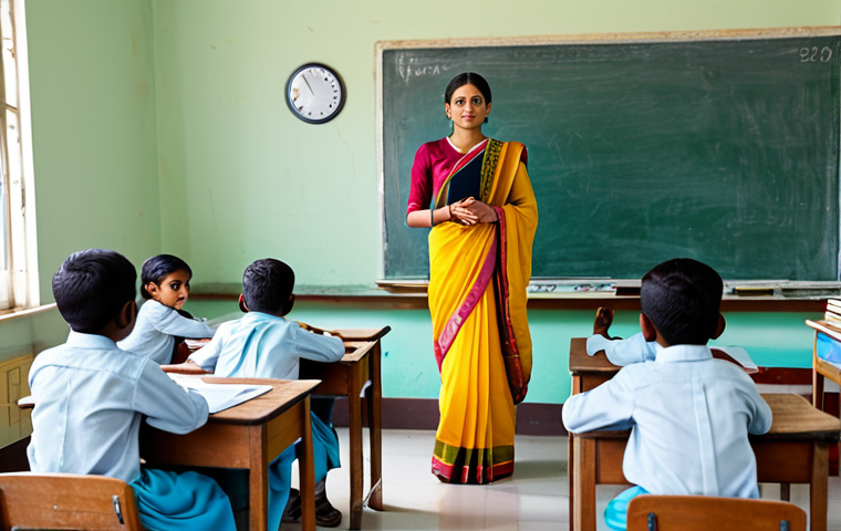 A professional school teacher in a modest sari, standing in a brightly lit classroom with children at their desks, all fully clothed, appropriate attire, safe for work, perfect anatomy, natural proportions, professional photography, high quality, family-friendly.