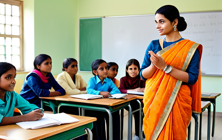 TESOL 자격증과 관련된 대회 참여 방법 - **Prompt:** A professional TESOL teacher, fully clothed in a modest sari, instructing a diverse grou...