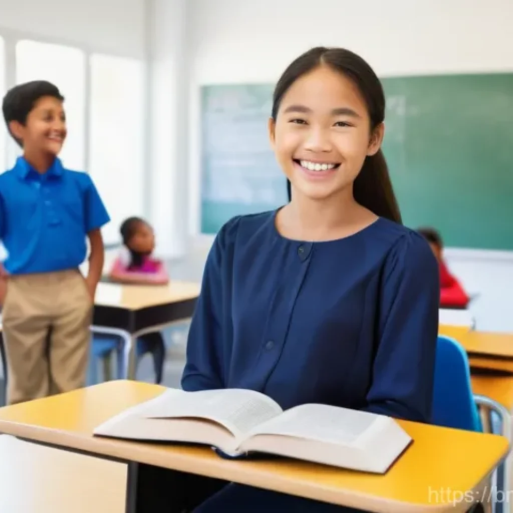 TESOL 강의 실습 팁 - A cheerful and brightly lit modern classroom scene. A female teacher, wearing a modest, professional...