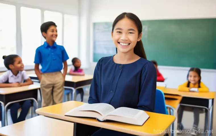TESOL 강의 실습 팁 - A cheerful and brightly lit modern classroom scene. A female teacher, wearing a modest, professional...