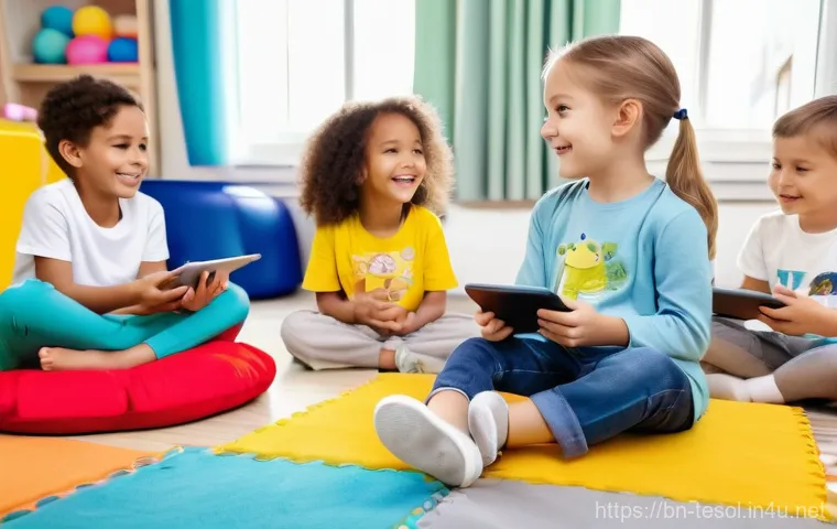 TESOL 강의 실습 팁 - A cheerful and brightly lit modern classroom scene. A female teacher, wearing a modest, professional...