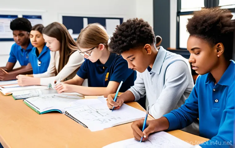 TESOL 강의 실습 팁 - A group of happy young children, aged 5-8, are enthusiastically learning with educational digital to...