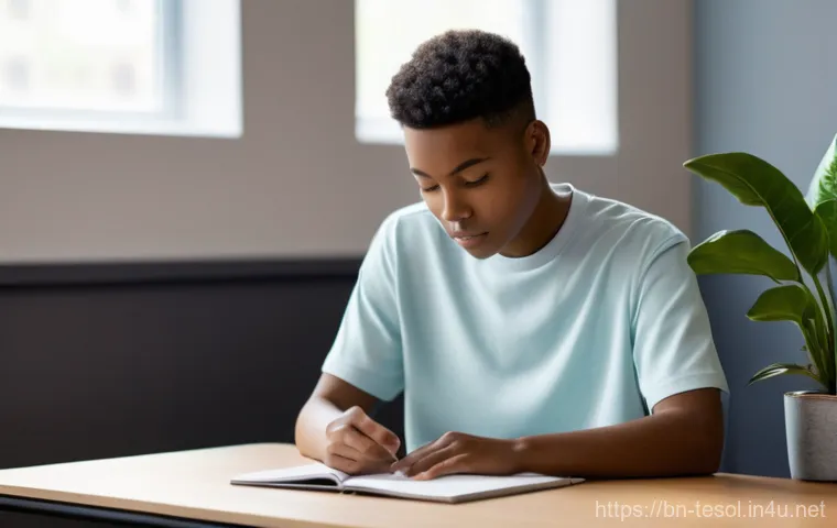 TESOL 강사가 사용하는 최신 연구 - **Prompt:** A young adult, appearing to be a college student, is seated comfortably at a sleek, mini...