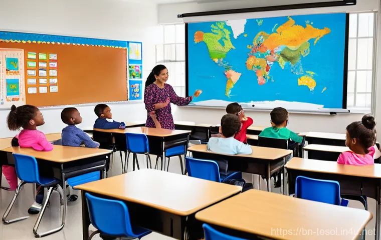 TESOL 강사가 겪는 문화적 도전 - **A diverse and inclusive modern classroom setting.** A brightly lit, spacious classroom is bustling...