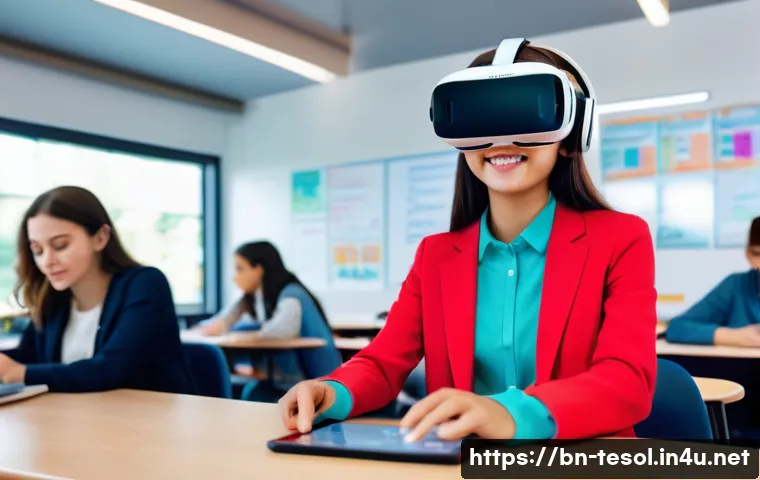 TESOL 강사가 알아야 할 최신 연구 - **Prompt 1: Immersive Language Learning with VR/AR**
    A vibrant and modern classroom scene with a...