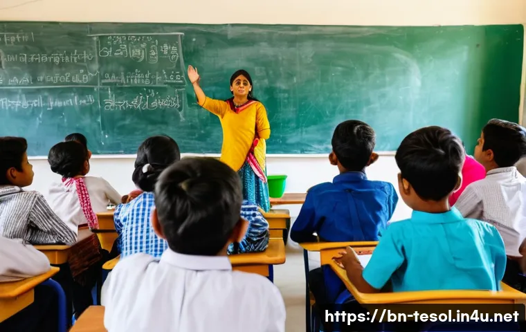 TESOL 강사의 실수와 극복 방법 - A vibrant classroom scene featuring a diverse group of Bangladeshi students actively participating i...