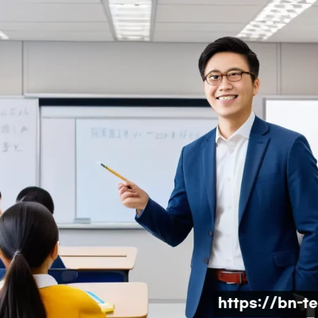 TESOL 강사로 일하기 좋은 국가 - A professional TESOL teacher in a modern Japanese classroom setting, wearing neat business casual at...