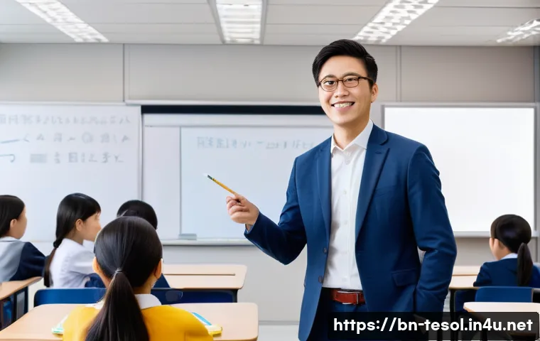 TESOL 강사로 일하기 좋은 국가 - A professional TESOL teacher in a modern Japanese classroom setting, wearing neat business casual at...