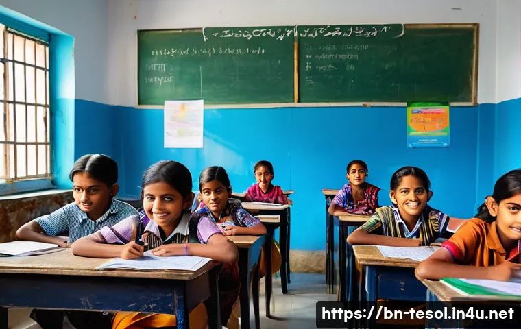 TESOL 강사가 사용하는 효과적인 방법 - A vibrant classroom scene in Bangladesh where enthusiastic Bengali students, aged 10-15, are engaged...