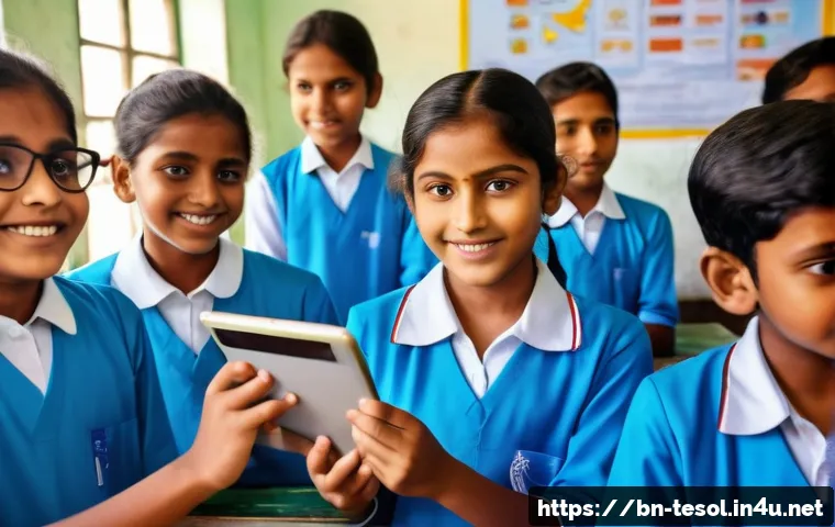 TESOL 강사가 사용하는 최신 기술 - A vibrant classroom scene in Bangladesh featuring Bengali students and a teacher actively using digi...
