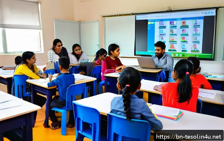 TESOL 강사의 일반적인 문제 해결 - A vibrant TESOL classroom scene featuring a diverse group of Bengali-speaking students attentively p...