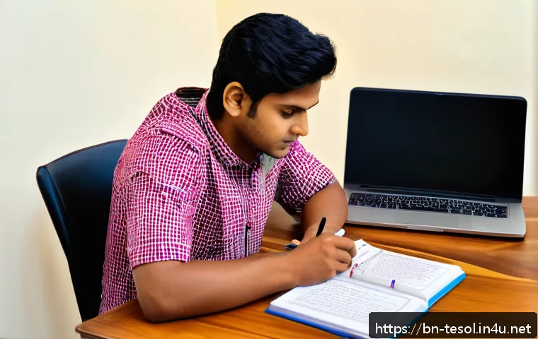 TESOL 자격증 관련 추천 서적 - A focused Bengali TESOL student studying with an open book titled "Practical TESOL" featuring clear,...