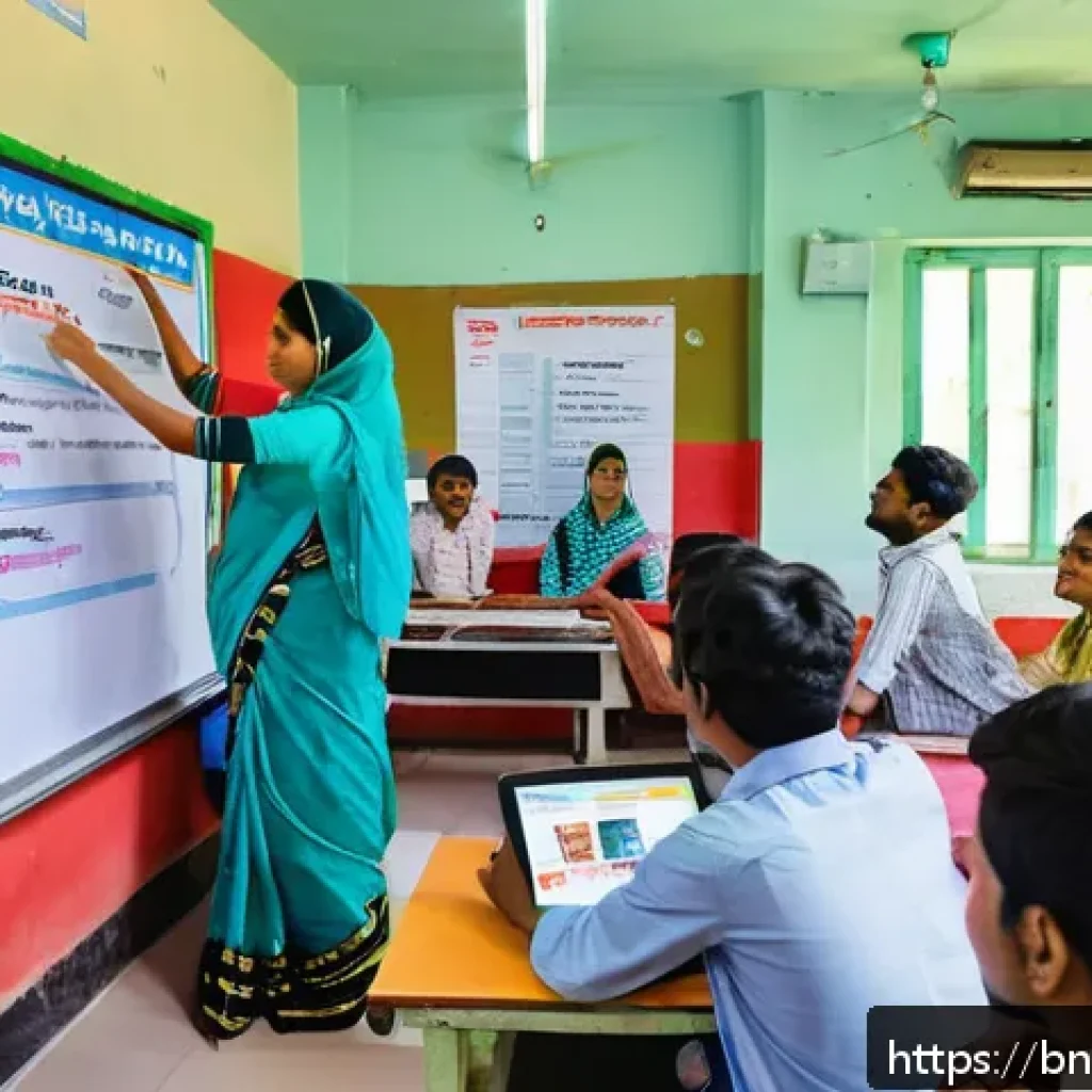 TESOL 자격증으로 가능한 비즈니스 모델 - A modern tutorial center classroom in Bangladesh, featuring a diverse group of adult Bengali student...