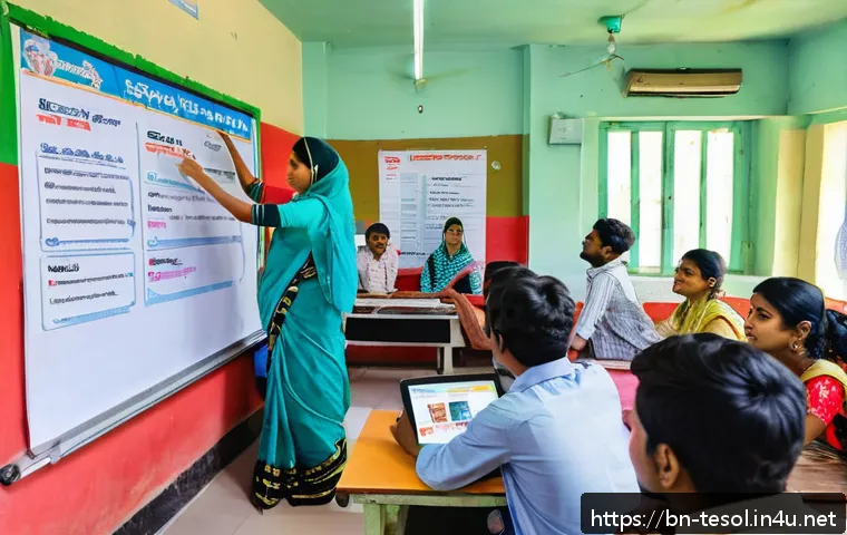 TESOL 자격증으로 가능한 비즈니스 모델 - A modern tutorial center classroom in Bangladesh, featuring a diverse group of adult Bengali student...
