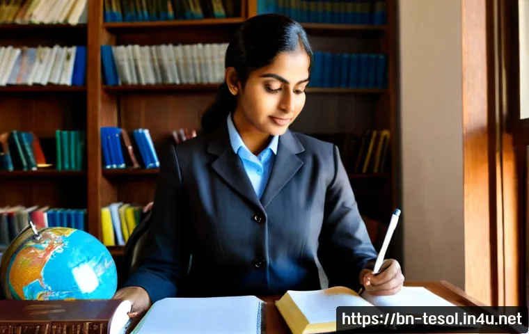 TESOL 자격증의 학술적 중요성 - Photorealistic university library scene, Bengali female English teacher in modest professional attir...